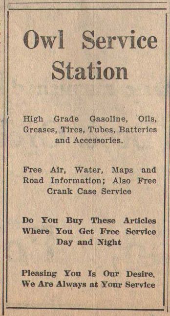 The Owl Service Station advertisement, Pomeroy WA