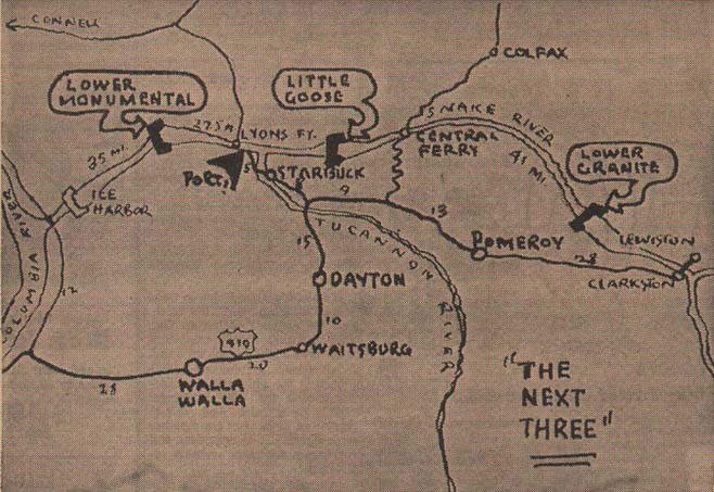 1958 map showing proposed lower Snake river dams and ports