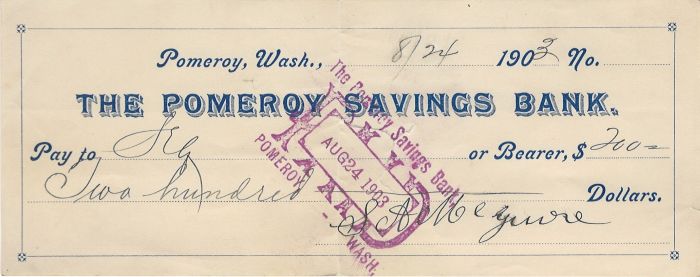 Check from Pomeroy Savings Bank