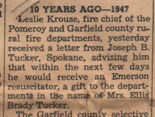 Clipping from 'Down Memory Lane' column of 1954 about a gift to the Pomeroy fire departmnent in 1947.