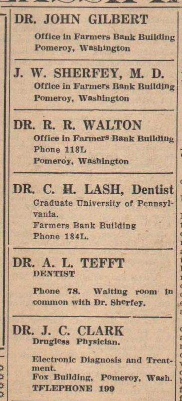 Doctors offices in the Farmers Natl Bank Bldg, Pomeroy EWA 1924