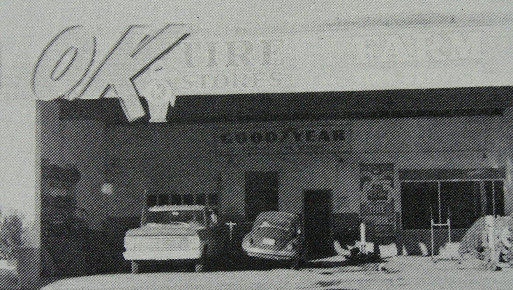 Front View of Stanley's OK Tires, Pomeroy, maybe 1960s