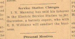 paragraph about new management at Electric Service Station in 1919.