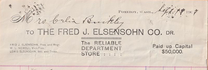 Top of a statement from Fred J Elsensohn Co. in 1907