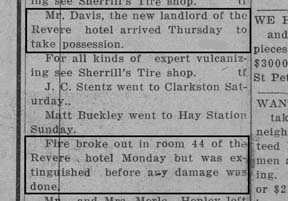 scan of newspaper column mentioning new landlord at the Revere as well as a fire in room 44.