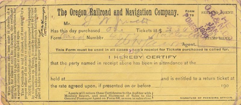 Image of a ticket on the Orgon railroad and Navigation Company, 1908.