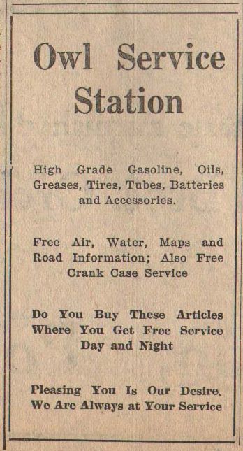 The Owl Service Station advertisement, Pomeroy WA