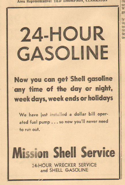 November, 1972, advertisement for Mission Shell about their new dollar-bill fuel pump