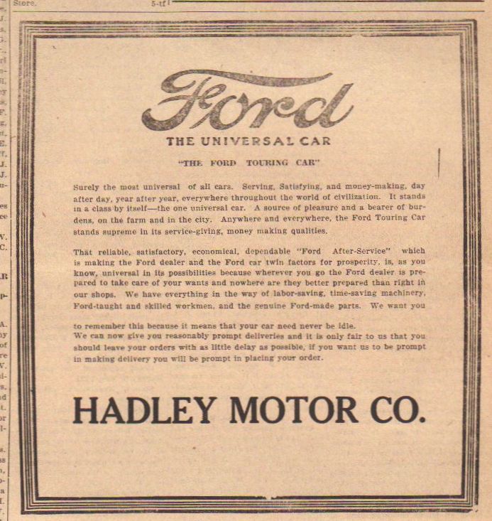 Advertisement from 1921 for Hadley Motors Pomeroy