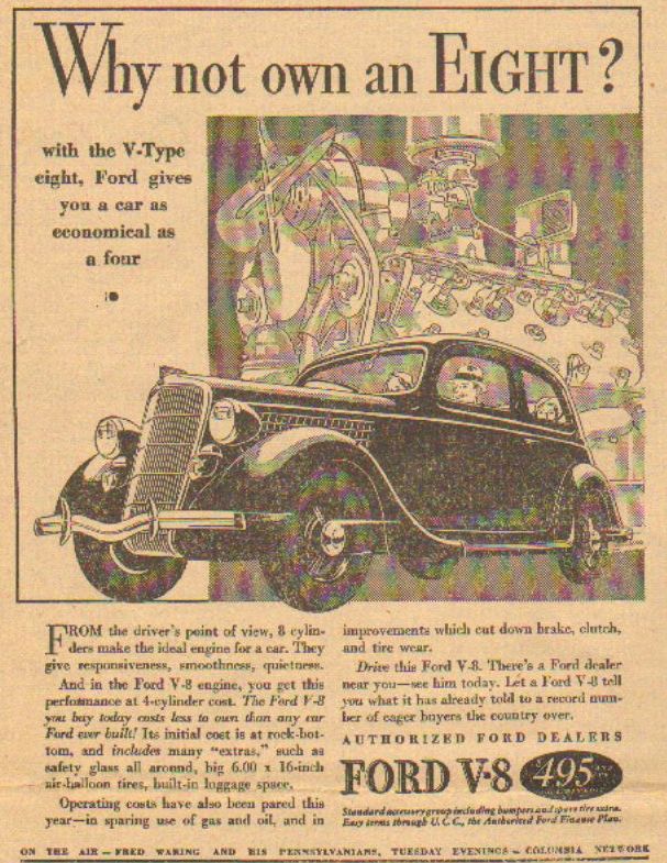 1935 Ford advertiement for their new eight cylinder.