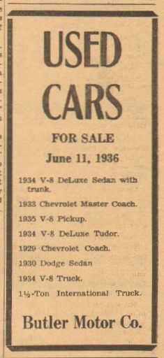 Advertisement from 1936 for Butler Motor Pomeroy