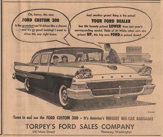 Torpey's Ford Sales, Custom 300 advertisement, 1958
