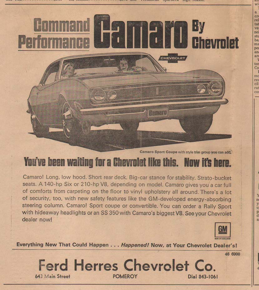 Ferd Herres Chevrolet ad for new Chevy Camaron 1967