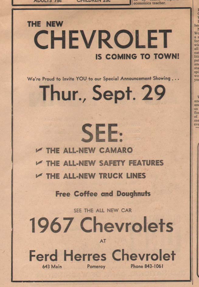 Ferd Herres Chevrolet ad for new Chevys in 1967