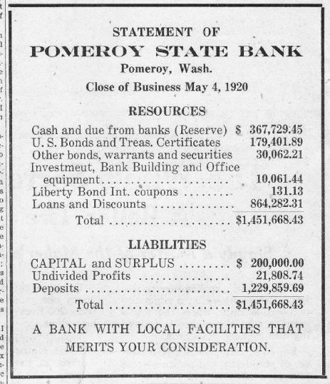 Pomeroy State Bank, Pomeroy Washington, 1920s newspaper advertisement
