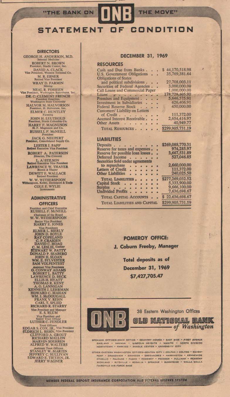 Old Natuional Bank, Pomeroy Washington, 1970 newspaper advertisement