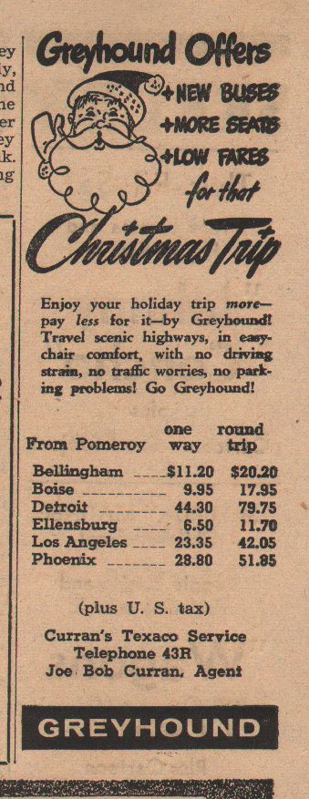1956, Greyhound Ad with reference to Currans Texaco, Pomeroy WA