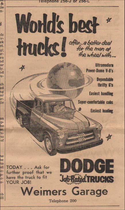 advert for Weimer's Garage for the 1957 line of Dodge trucks