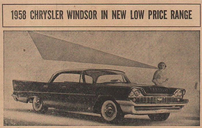 Picture of a 1958 Chrysler Windsor to illustrate article about new prices for 1958