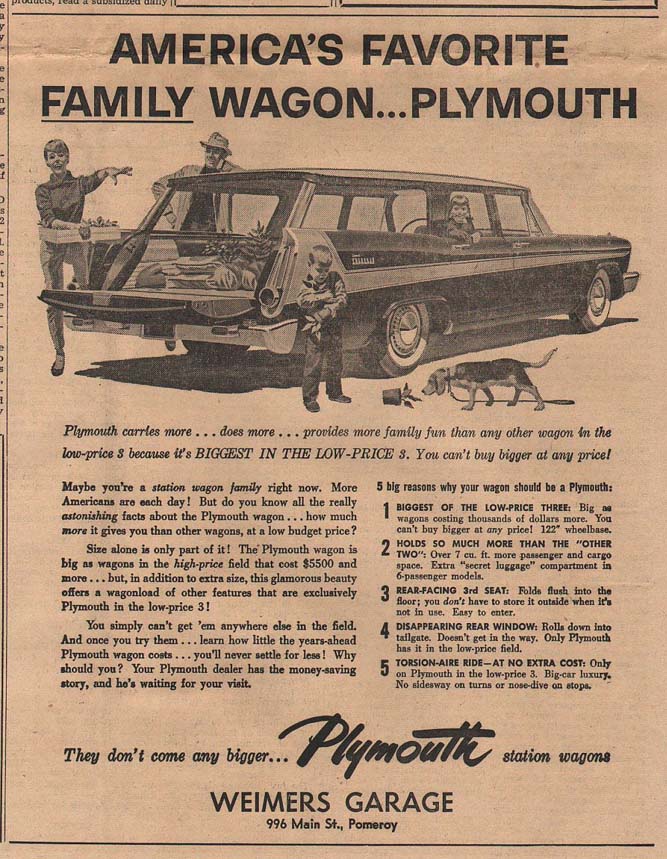 advert for Weimer's Garage for the 1958 Plymouth Station Wagons