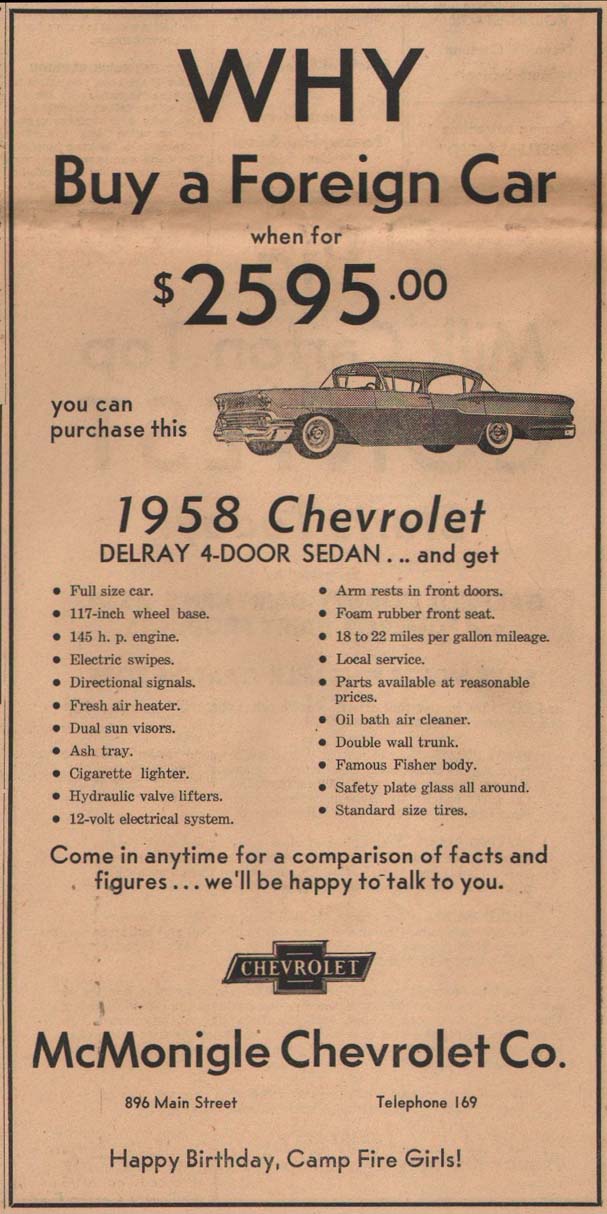 McMonigle Chevrolet ad from 1958