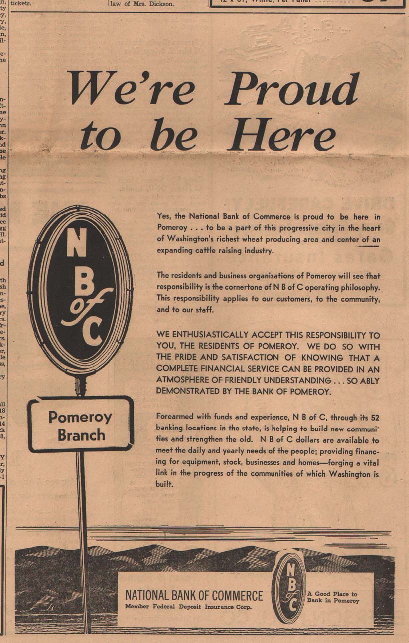 February, 1957, advertisement of NBC opening branch in Pomeroy