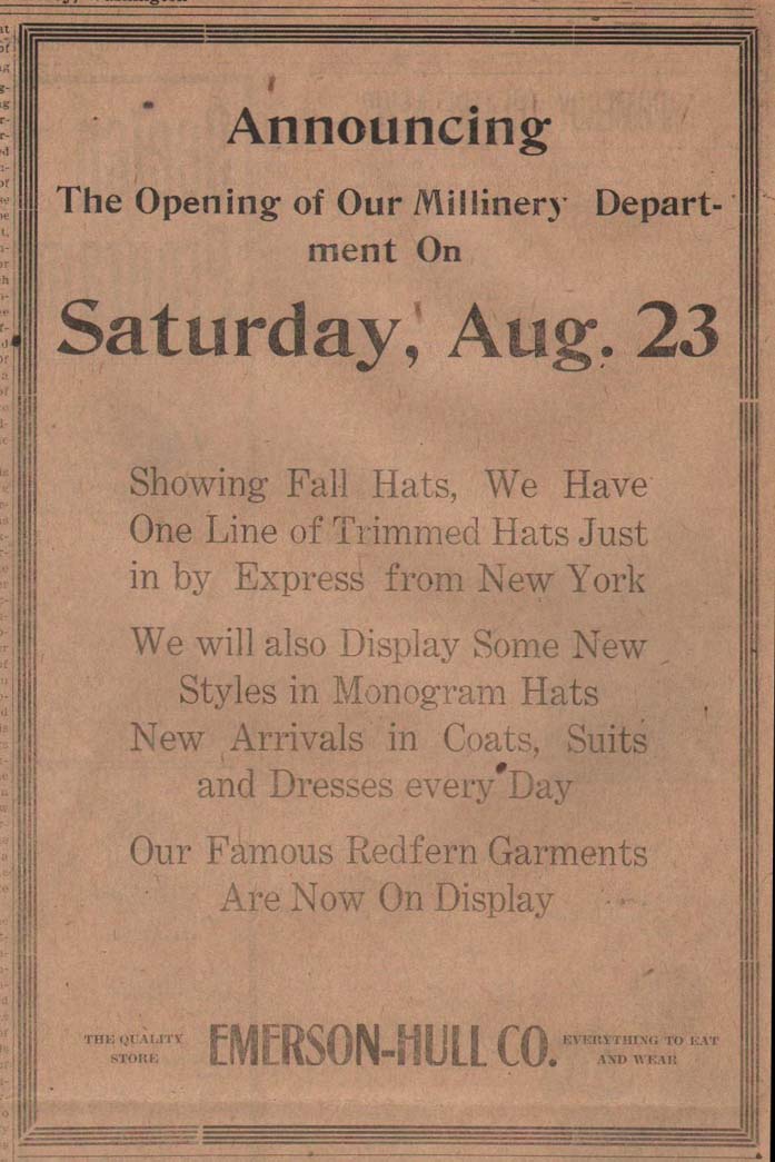 Emerson-Hull, Pomeroy WA, 1919 advertisement for millinary dept.