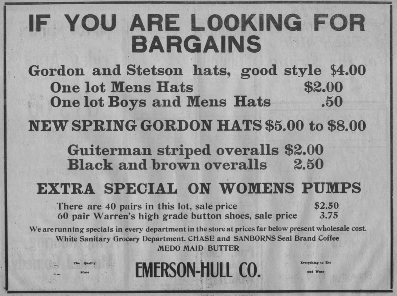 Emerson-Hull, Pomeroy WA, 1920 advertisement for men's hats