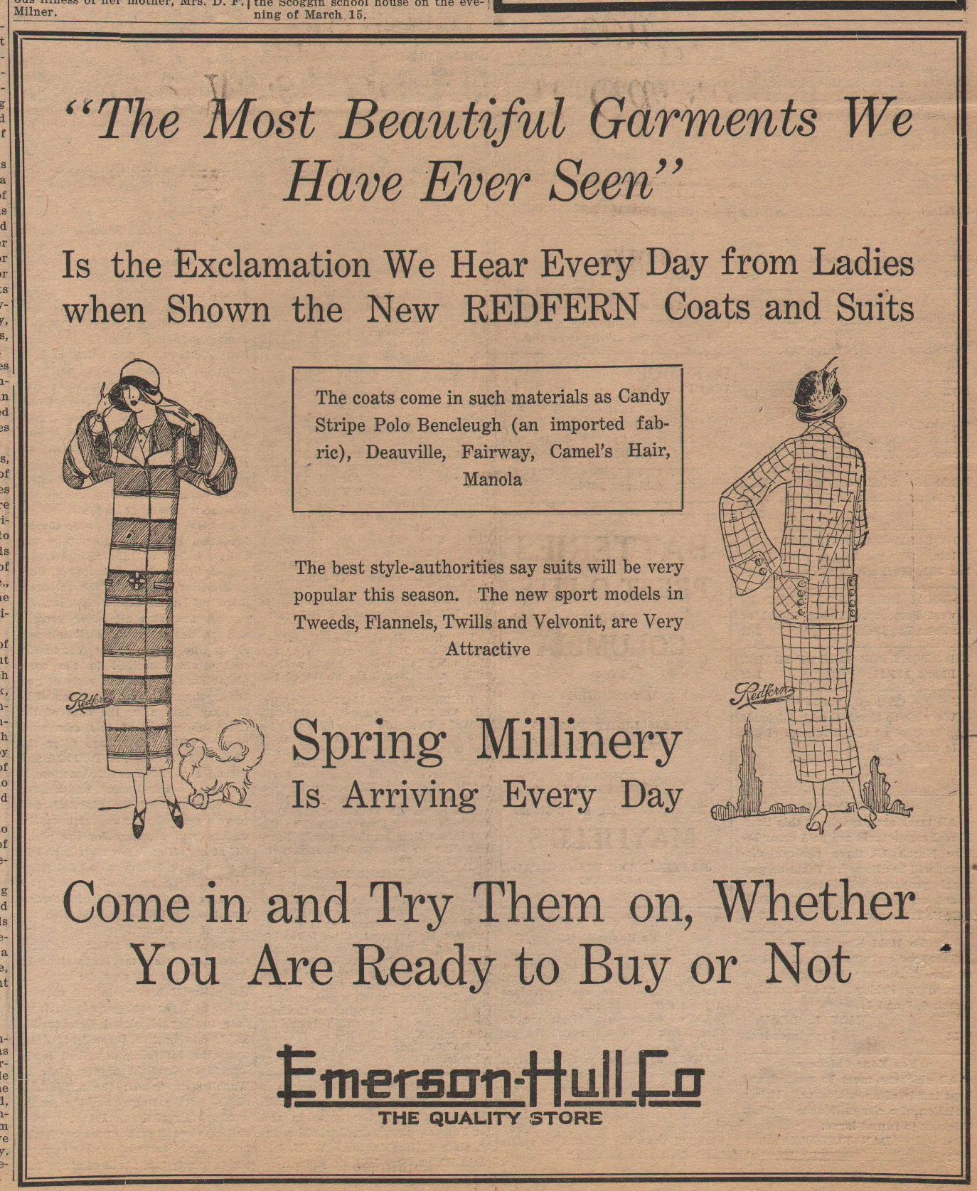 Emerson-Hull, Pomeroy WA, 1924 Redfern Coats and Suits