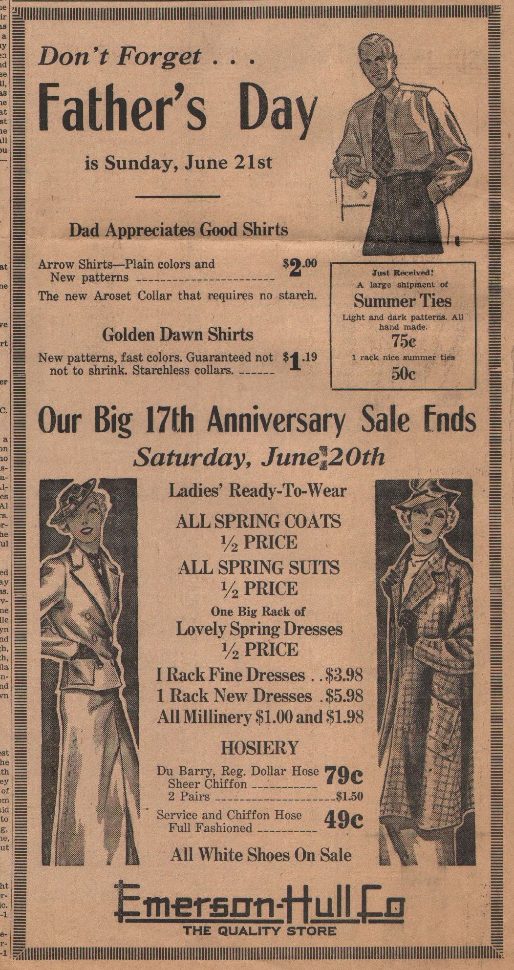 Emerson-Hull, Pomeroy WA, 1936 Fathers' Day advertisement