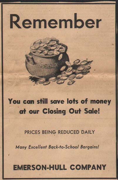 1958 advertisement from Emerson-Hull on their upcomning closing
