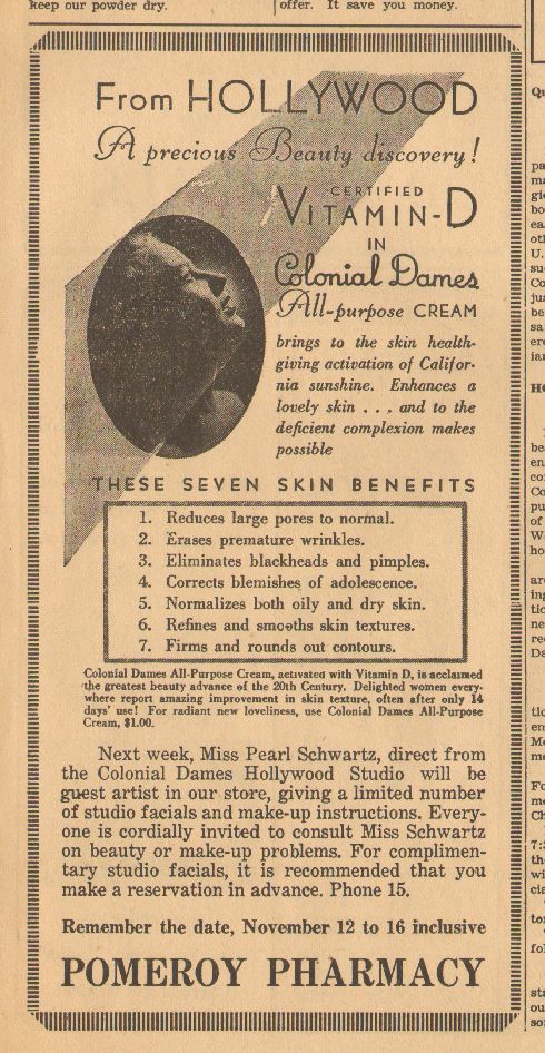 1935 advertisement from Pomeroy Pharmacy for Paula Schwartz, from Hollywood, and her precious beauty discovery.