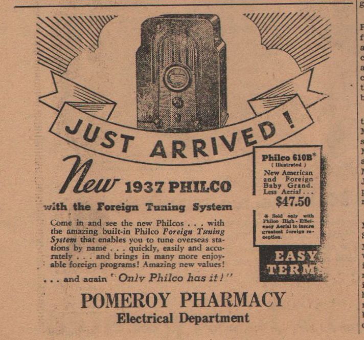 August 1938, Pomeroy Pharmacy advertisement