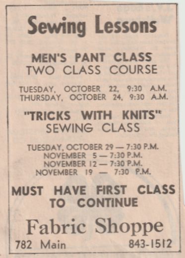 1974 advertisement for the Fabric Shoppe's sewing lessons