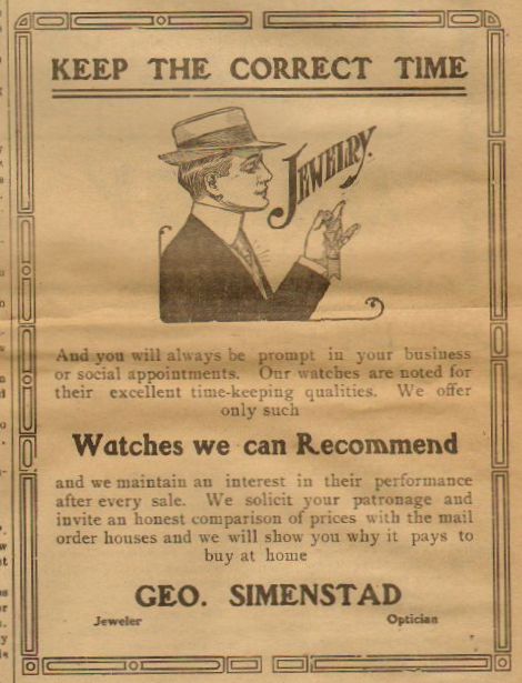 November 1913 Geo. Simenstad Jewelry and Optician