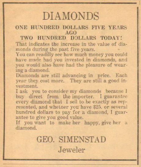 November 1919 Geo. Simenstad Jeweler advertisement telling readers that diamonds were a great investment