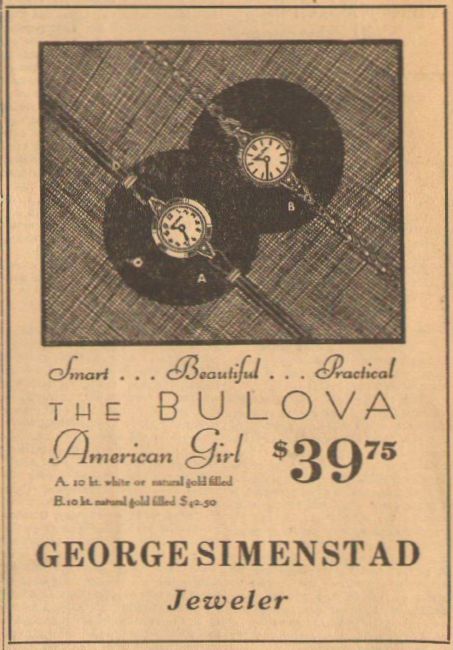 October, 1935, Geo. Simenstad Jeweler advertisement for American Girl watches