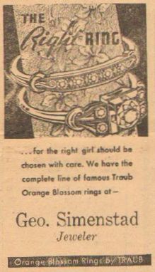 November 1936 Geo. Simenstad Jeweler advertisement for rings