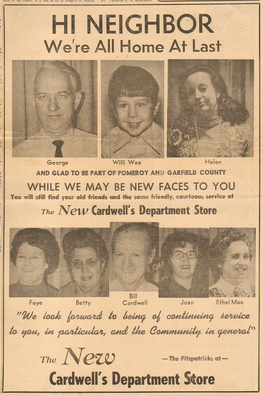 Large advertisement about the Fitzpatricks, the new owners of Cardwell's in Pomeroy. Ad shows pictures of the three Fitzpatricks as well as 5 remaining employees.