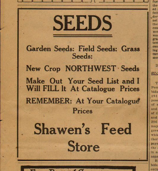 ad from Shawen's Feed, Pomeroy WA, 1921