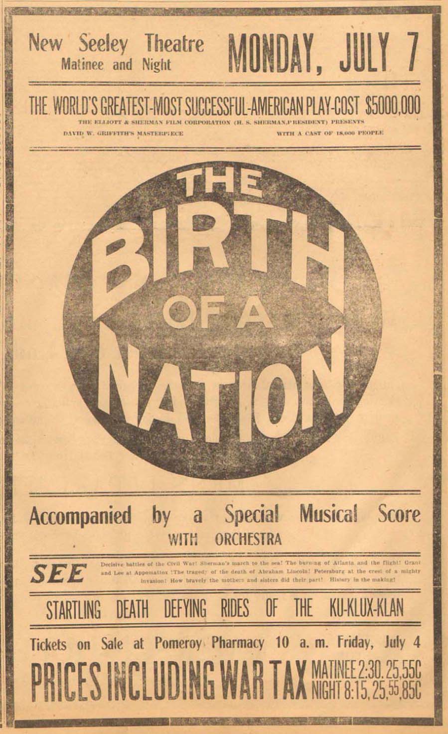 East Washingtonian July, 1919, advertisement for 'The Birth of a Nation' at the Seeley Theatre