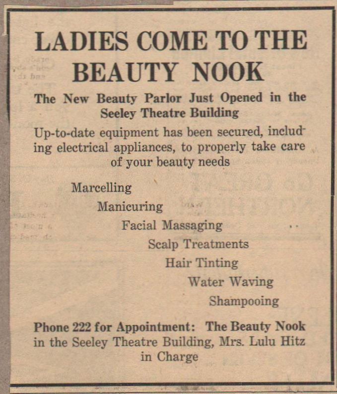Advertisement in June 1924 East Washingtonian announcing the opening of The Beauty Nook in the Seeley theatre