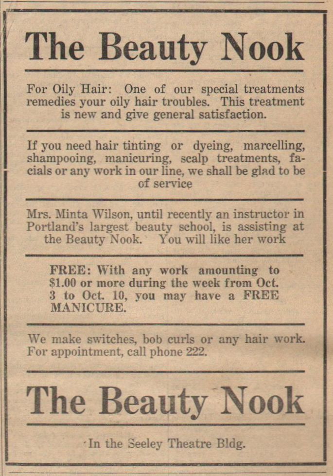 Advertisement in September 1924 East Washingtonian for The Beauty Nook in the Seeley theatre
