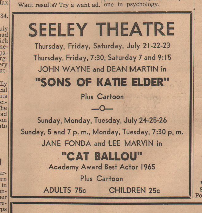 The Sons of Katie Elder ad, Seeley Theatre, Pomeroy, 1966