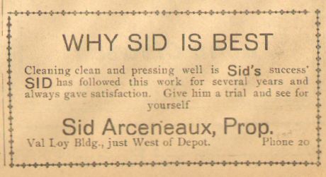 1913 advertisement for Sid Arceneaux