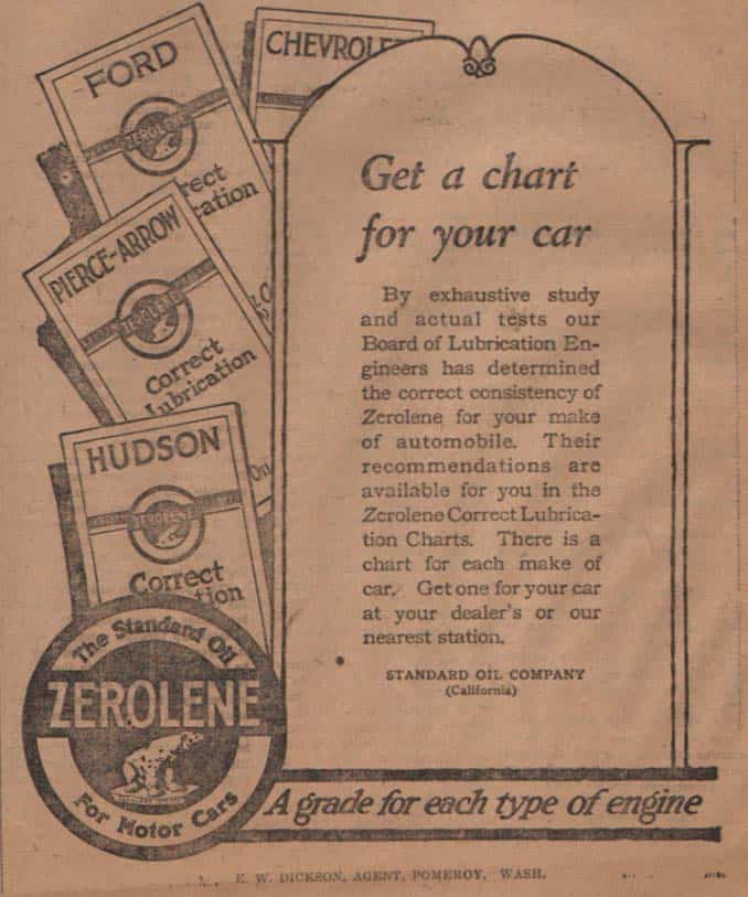  E.W. Dickson, Zerolene Oil Advert, August 1919, Pomeroy WA
