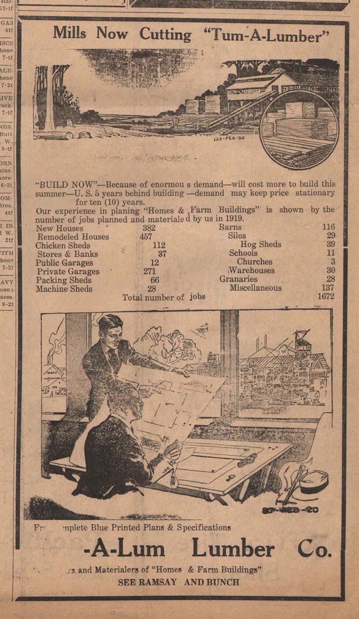 Advertisement from Pomeroy East Washingtonian newspaper for Tum-A-Lum Lumber Company