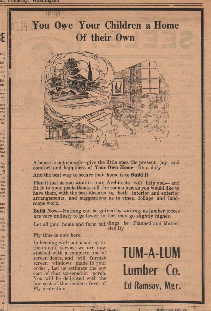 Advertisement from Pomeroy East Washingtonian newspaper for Tum-A-Lum Lumber Company