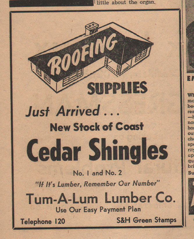 Advertisement from Pomeroy East Washingtonian newspaper for Tum-A-Lum Lumber Company