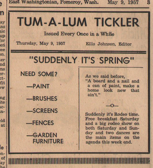 Advertisement from Pomeroy East Washingtonian newspaper for Tum-A-Lum Lumber Company